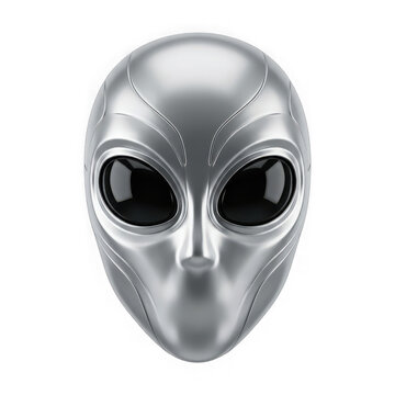 Futuristic silver alien mask with large black eyes isolated on transparent background