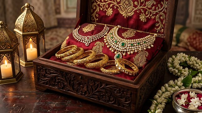 Traditional indian gold jewelry in wooden chest for bollywood day