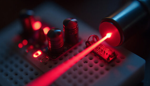 Conceptual extreme macro of a glowing red laser module and photoresistor on a breadboard