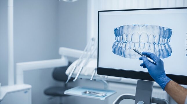 Gloved hand indicating a 3D intraoral scan of a full dental arch on a computer monitor