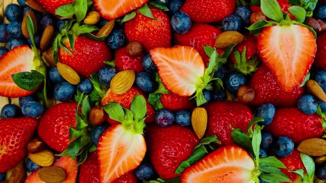 4K Video of assorted fresh berries including strawberries, blueberries, raspberries, and other colorful fruits arranged together.