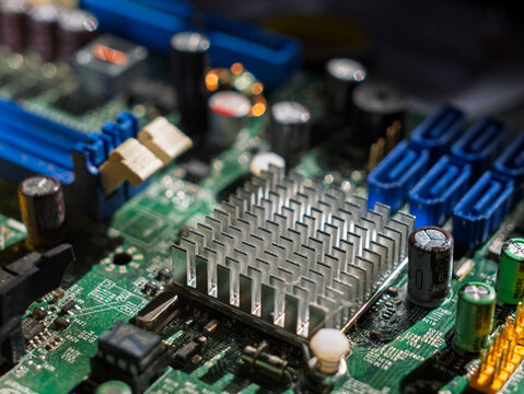Computer Circuit Board with Heatsink and Capacitors