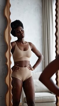 Woman with vitiligo stands in front of mirror at home. Confident woman looks at reflection in beige underwear. She poses with hands on hips showing body confidence. Mirror reflects skin positivity.