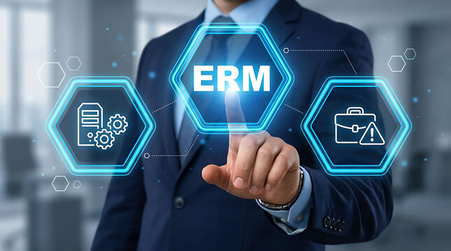 Businessman touching ERM enterprise risk management digital virtual screen