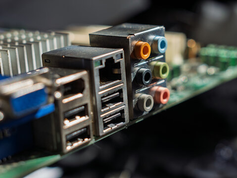 Detail of Computer Motherboard Ports and Connectors