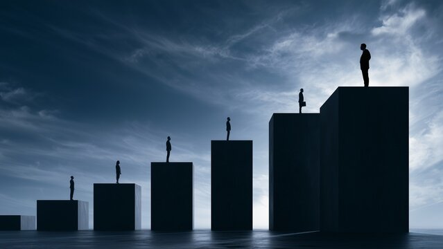 Career Growth Journey Visualized Through Ascending Platforms, Resilience, Networking and Leadership Achievement