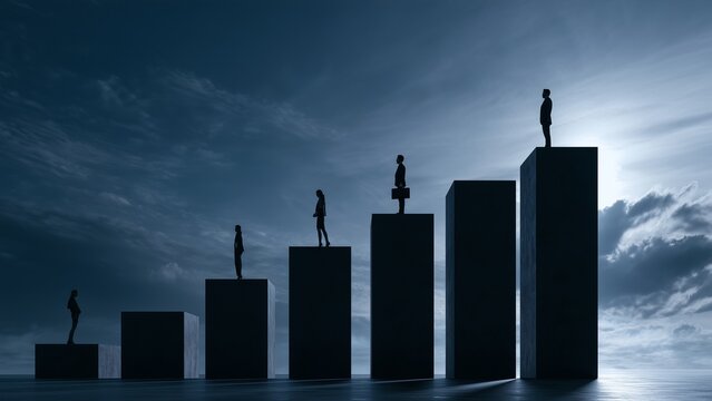 Career Growth Journey Visualized Through Ascending Platforms, Resilience, Networking and Leadership Achievement