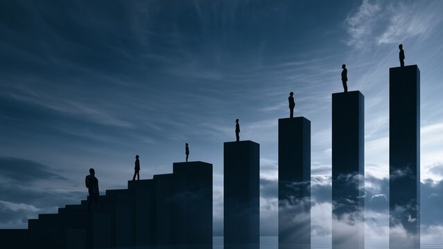 Career Growth Journey Visualized Through Ascending Platforms, Resilience, Networking and Leadership Achievement