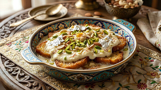 Delicious shahi tukra dessert topped with creamy rabri and chopped pistachios in an ornate bowl indian dessert sweet dish bread pudding