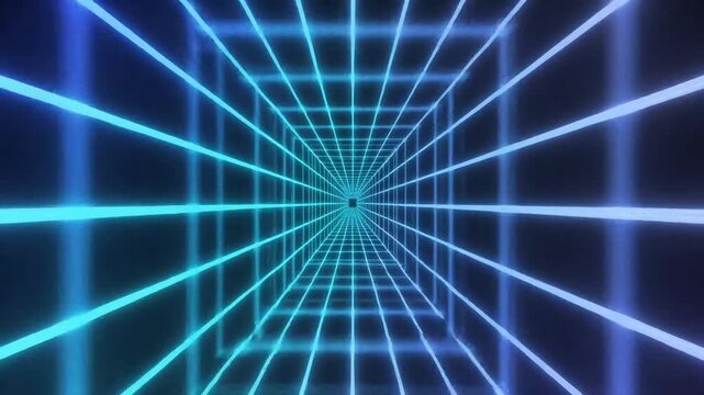 Glowing neon blue grid tunnel in digital style on dark background, concept of future technology and cyberspace
