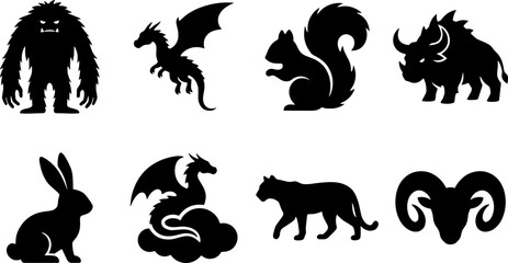 Obraz premium Set of black silhouettes of various animals and mythical creatures