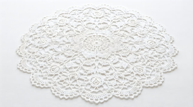 White lace doily with intricate floral pattern on a clean white background