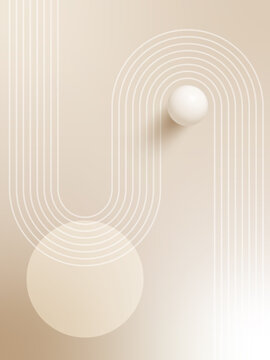Vertical nude gradient background with 3D sphere elements, boho style details and line arch shapes. Warm beige and pearl tones create elegant social media vector designs.
