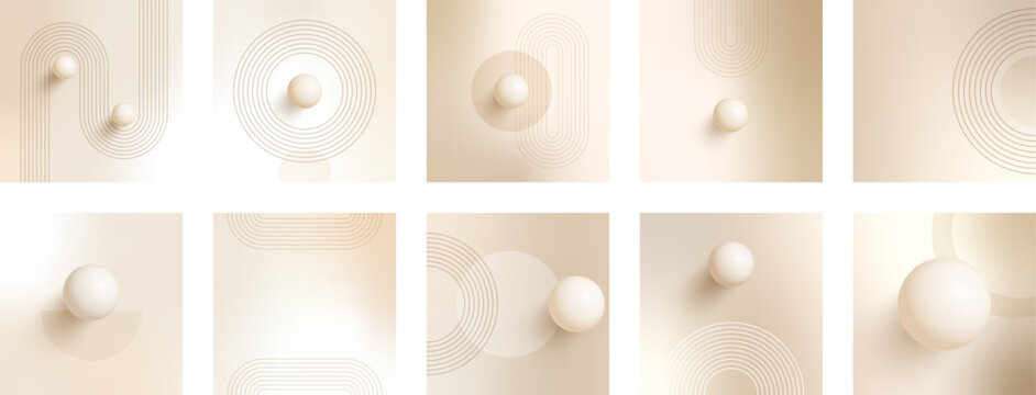 Set of square nude gradient backgrounds with warm beige, cream and pearl tones. Abstract 3D spheres, boho details and elegant line arch elements create modern vector designs for social media posts.