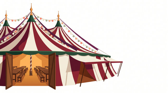 Colorful striped tent for Bavarian beer festival with tables inside  