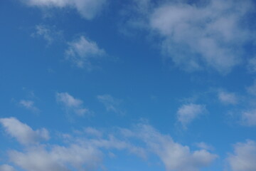 Fototapeta premium White fluffy clouds in the sky. Blue sky and cloud cover on a sunny summer day. Empty background, copy space