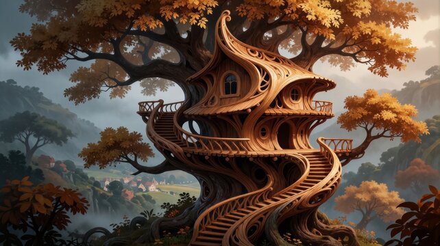 Magical Treehouse Architecture in Enchanted Autumn Forest Landscape