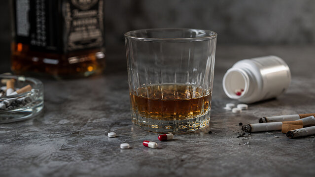 Substance abuse and addiction concept with alcohol, cigarettes and pills