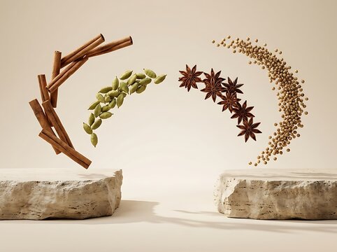 Aromatic spice fight with floating cinnamon sticks, star anise and cardamom pods in studio setup