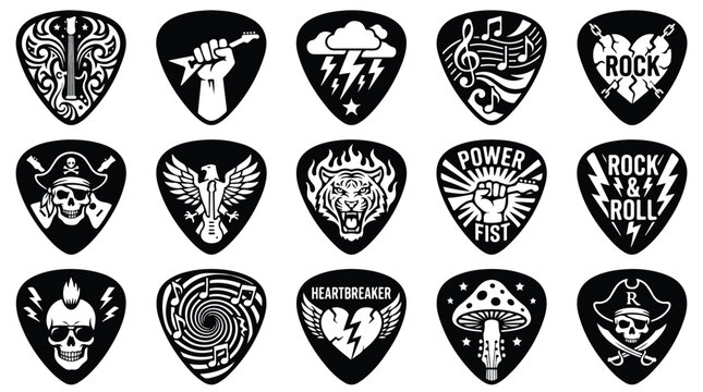 Guitar pick set with rock music symbols and icons for custom instrument design