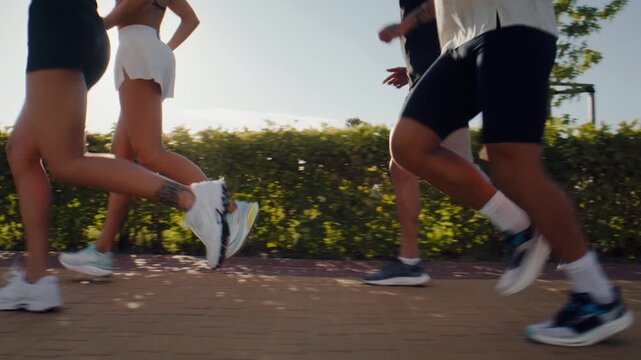 Group runners stride along park path during outdoor training