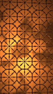 Mashrabiya carved wooden screen with warm sunlight and moving leaf shadows seamless vertical loop