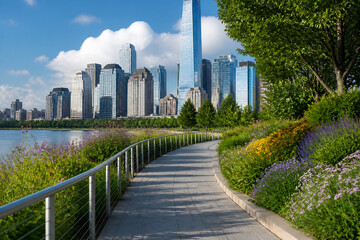Fototapeta premium A paved walkway lined with flowers and a railing leads toward a skyline of modern buildings under a blue sky.