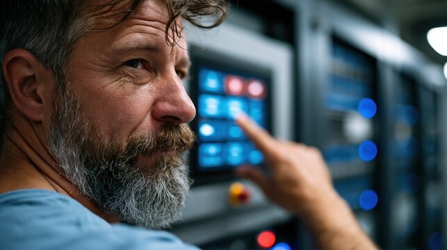 IT administrator activating privacy controls on touchscreen in secure server room
