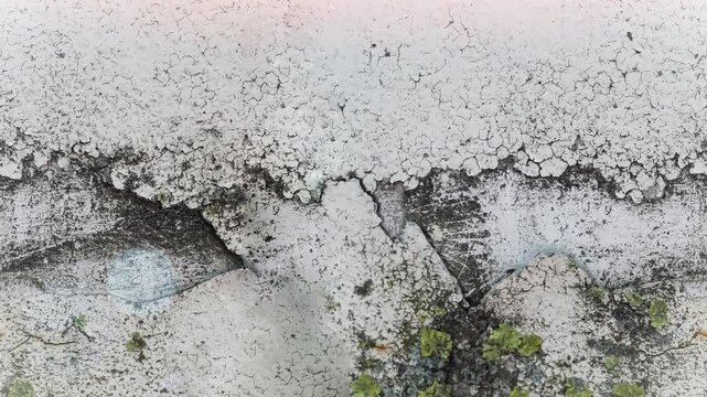 Seamless 4K looping vertical movement across an aged white plaster wall with cracks and weathered texture. Perfect for rustic backgrounds and architectural design.