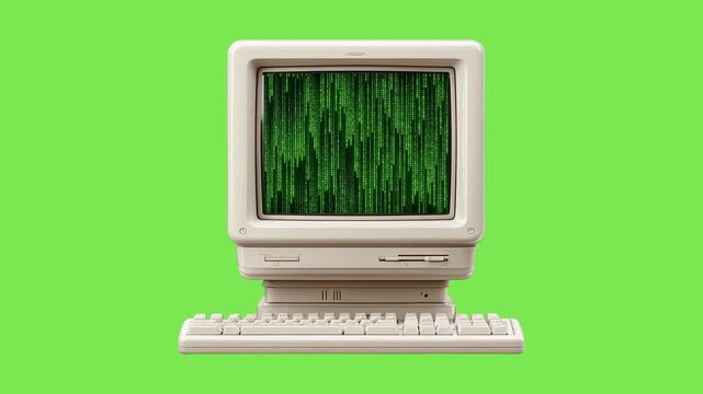 Retro Computer Displaying Green Matrix Code on a Vibrant Background - A Nostalgic Tech Showcase