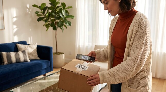Woman Scanning QR Code Label on Package Box with Smartphone at Home