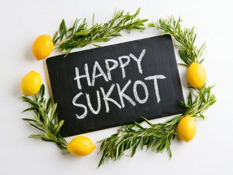 Happy sukkot greeting chalkboard sign with pineapple and greenery