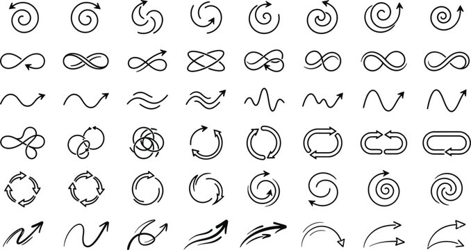 Minimalist black line arrow icons set, 48 abstract swirl and infinity symbols, decorative motion graphic elements for web design