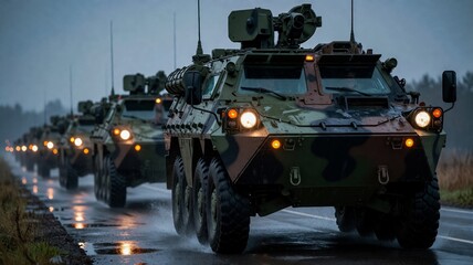 Fototapeta premium Military Convoy of Armored Personnel Carriers on Wet Road