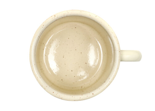 Empty campfire coffee mug, enameled metal cup isolated on white background, top view, clipping path