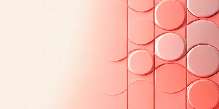 The image features a warm coral pink gradient abstract background, with vertically divided semi-transparent circular three-dimensional raised elements on the right and a clean light beige solid color 