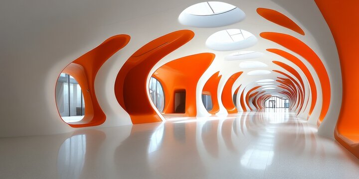 A futuristic curved indoor corridor with smooth white walls and bright orange organic-shaped decorative structures, circular skylights on the ceiling, and a glossy reflective light-colored floor that 
