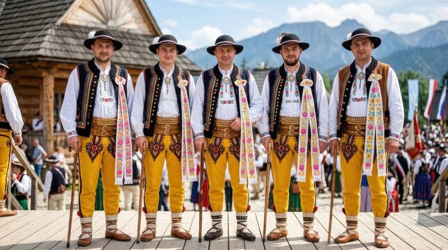 Group of Polish highlanders in traditional Goral folk costumes standing on a wooden stage with Tatra mountains in the background