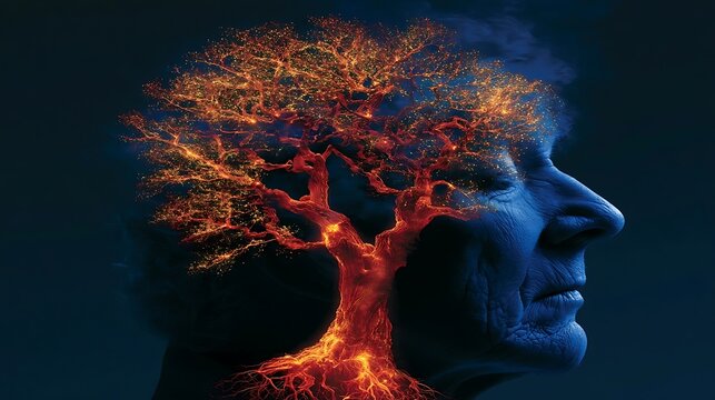 Conceptual profile of an elderly man with a glowing orange tree inside his mind for wisdom and memory