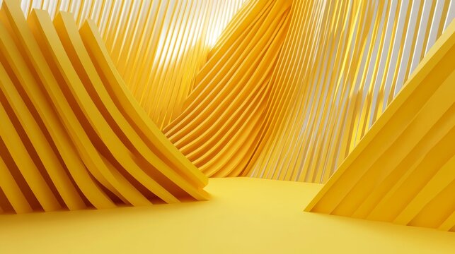 This is a minimalist 3D rendered scene, featuring layered, curved yellow geometric structures with smooth matte texture, set against a uniform bright yellow base,presenting clean,futuristic abstract