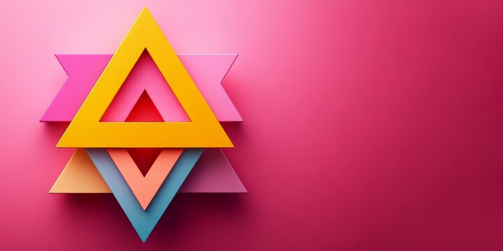 The multi-layered, hollowed-out three-dimensional triangles are stacked in a staggered pattern, presenting a gradient of colors from yellow, pink, light orange, to blue-purple.