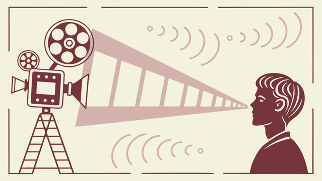 Vintage cinema concept with film projector casting light and sound waves toward woman silhouette, representing audiovisual media, communication and entertainment