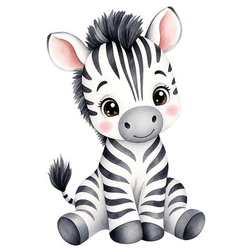 Cute zebra watercolor clipart in a charming nursery style, isolated on a transparent background. Ideal for children's crafts, nursery decor, invitations, stickers, and digital designs.