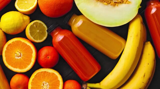 Fresh fruit juices served with colorful citrus and melon pieces, creating a refreshing healthy beverage and food composition. 4K Video.