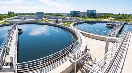 Fototapeta premium Circular Concrete Settling Tanks at Modern Wastewater Treatment Plant