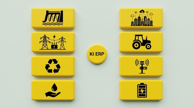 ERP AI System. Grafikdesign. Umgebung KI System Infografik eines KI-ERP-Systems mit vernetzten Unternehmensbereichen, Business AI System. KI ERP Symbolisch dargestellt