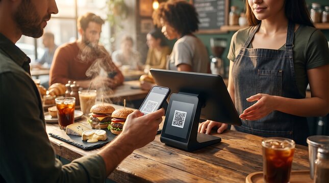 Customer Scanning QR Code for Contactless Payment at Cafe POS Terminal