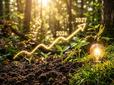 Growth concept with young seedlings and a lightbulb on the forest floor, seedlings