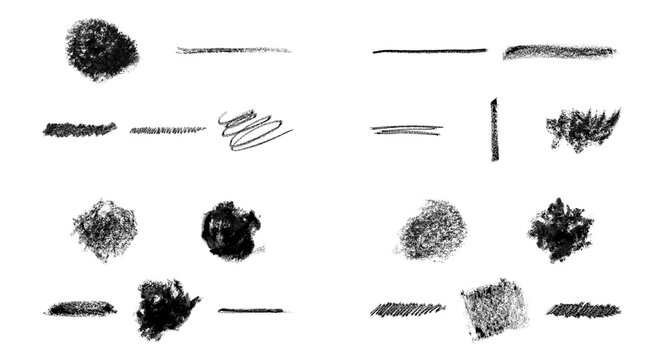 Black charcoal brush strokes and pencil texture set isolated on white background