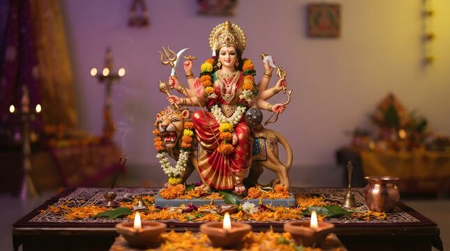 A beautifully decorated idol of goddess durga riding a lion, placed on a table with flowers and oil lamps for navratri worship